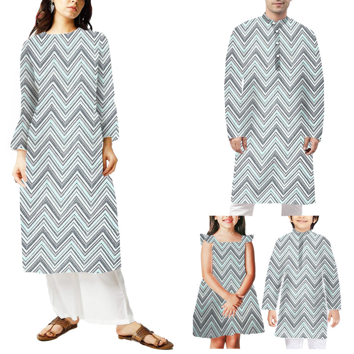 Light Sea Green With Grey, White Chevron Printed Georgette Fabric