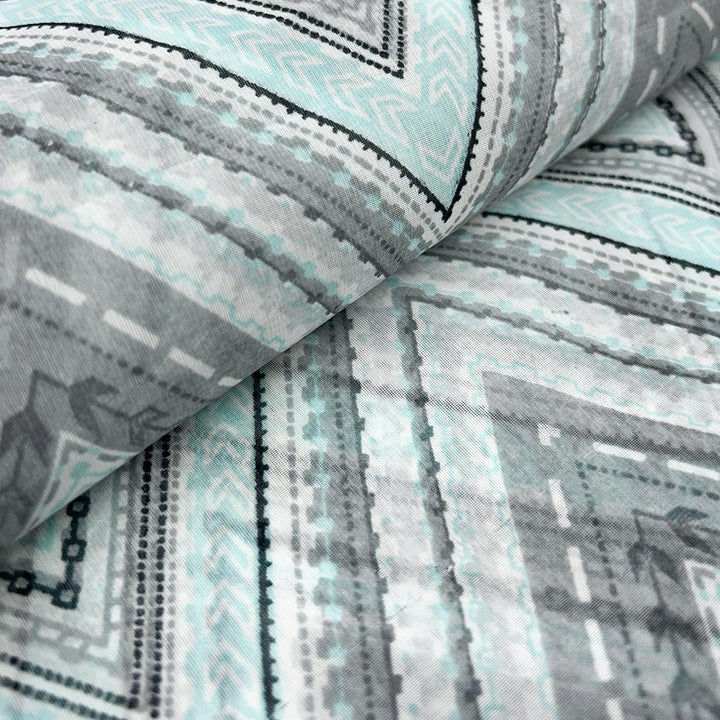 Light Sea Green With Grey, White Chevron Printed Georgette Fabric