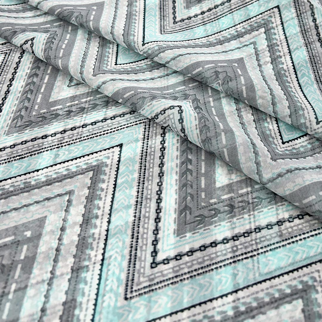 Light Sea Green With Grey, White Chevron Printed Georgette Fabric