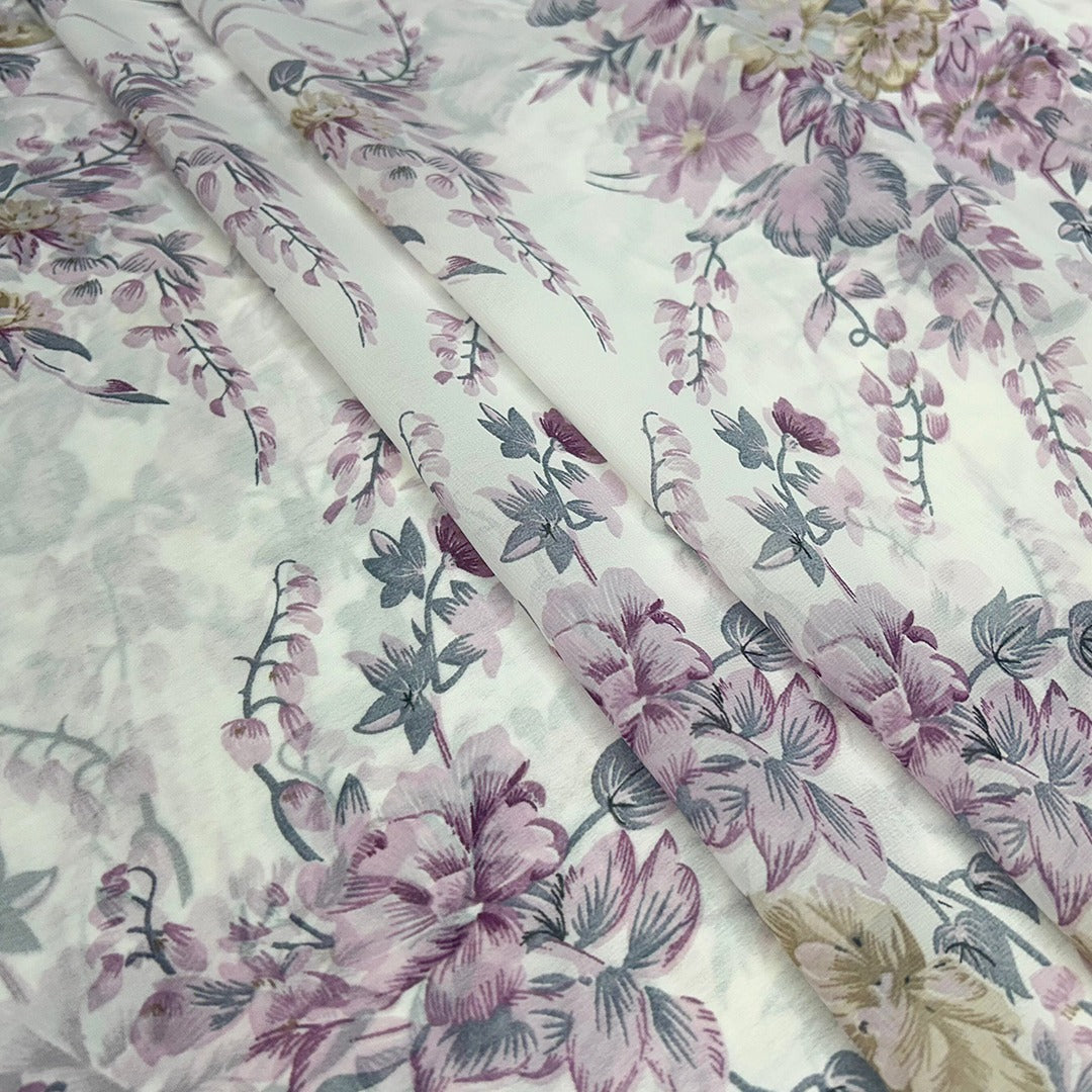 White With Purple Shades Floral Printed Georgette Fabric