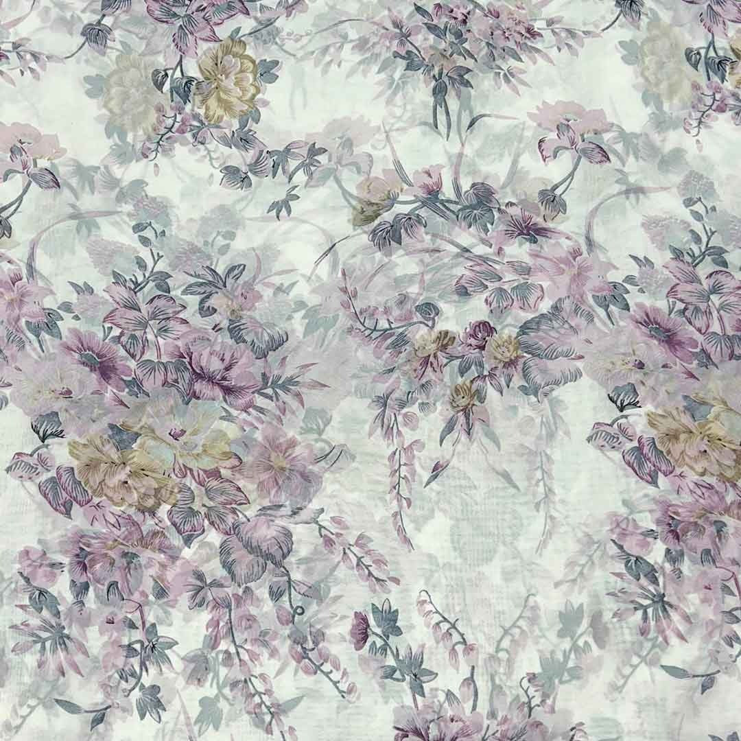 White With Purple Shades Floral Printed Georgette Fabric