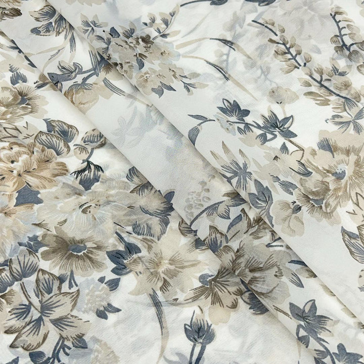 White With Brown Floral Printed Georgette Fabric