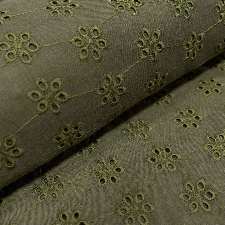 Olive Green Shade Embroidered Cotton Heavy Hakoba Fabric