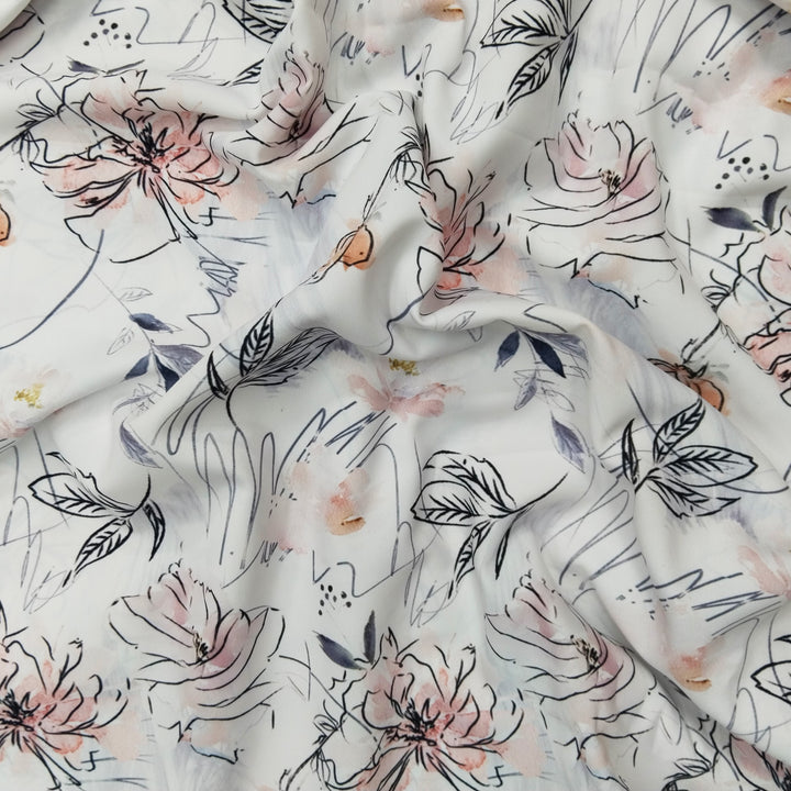 White With Black Floral Printed Lycra Print Fabric