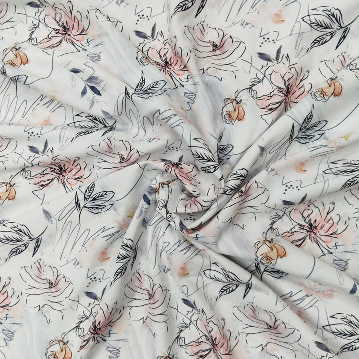 White With Black Floral Printed Lycra Print Fabric