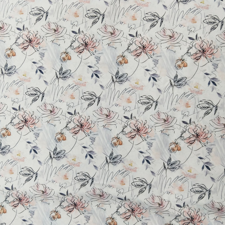 White With Black Floral Printed Lycra Print Fabric