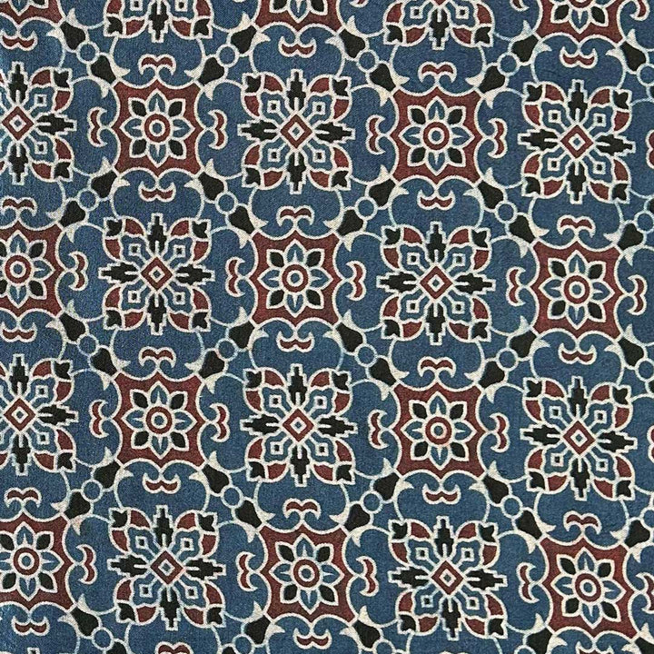 Blue Floral Patola Printed Ajrakh Mashru Silk Fabric