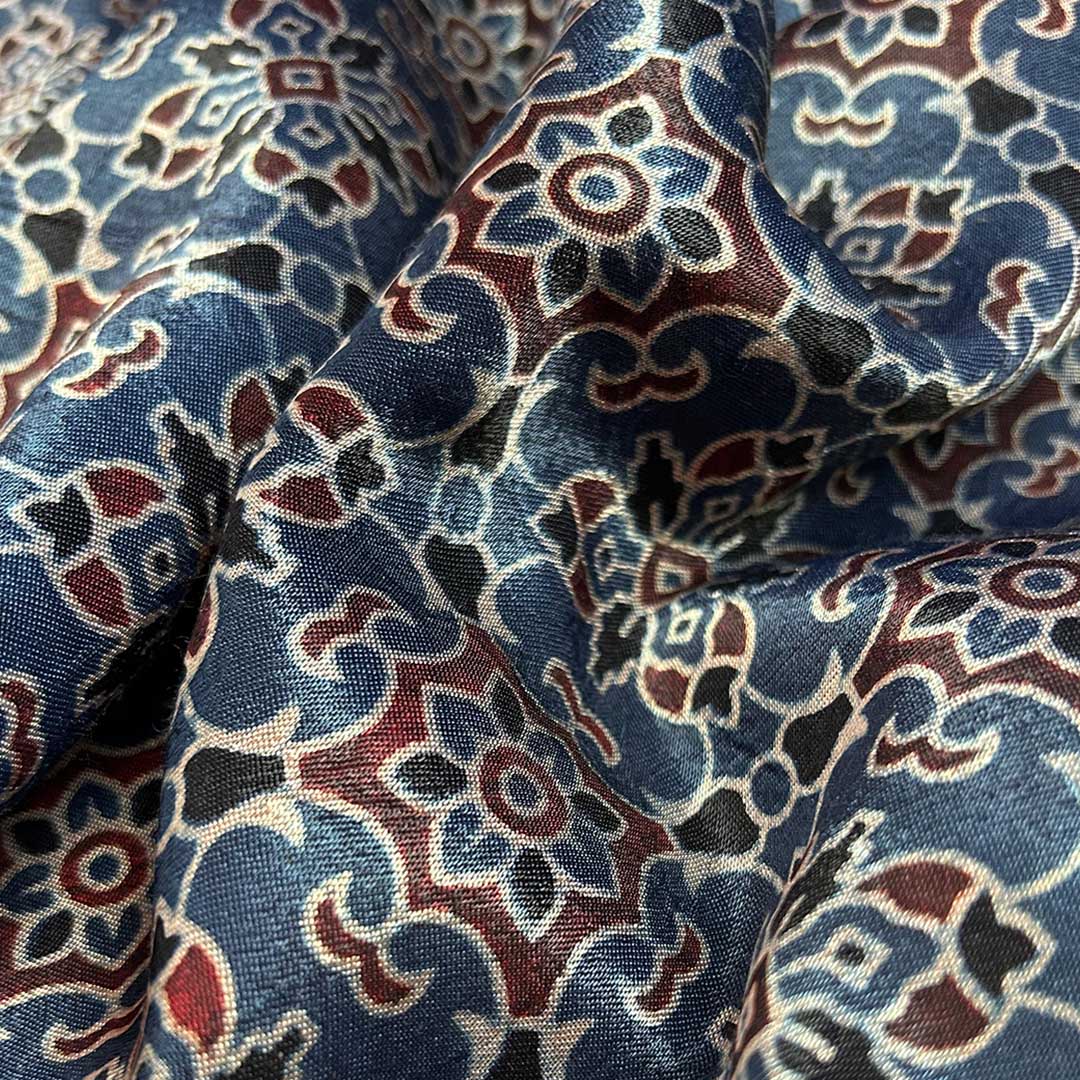 Blue Floral Patola Printed Ajrakh Mashru Silk Fabric