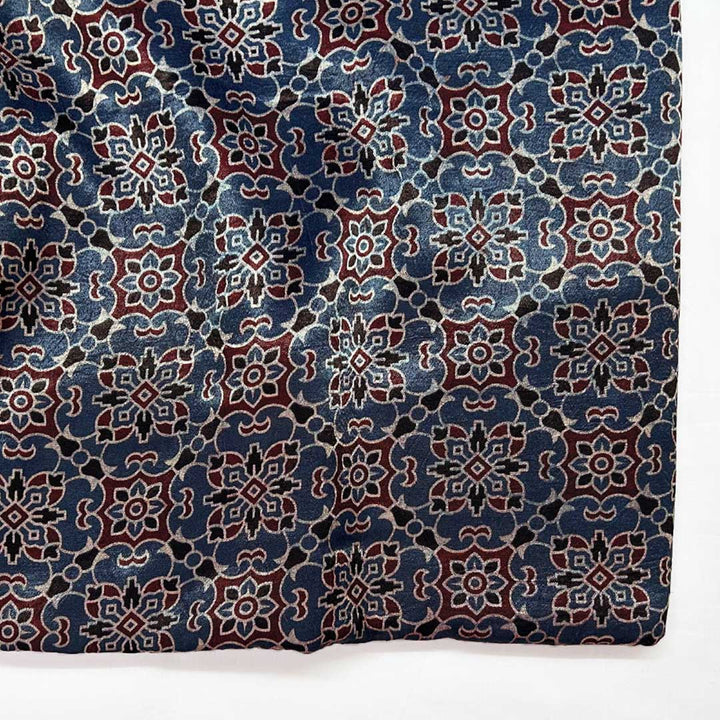 Blue Floral Patola Printed Ajrakh Mashru Silk Fabric