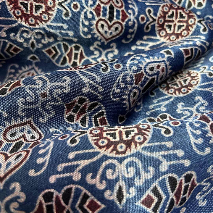 Blue Patola Printed Ajrakh Mashru Silk Fabric