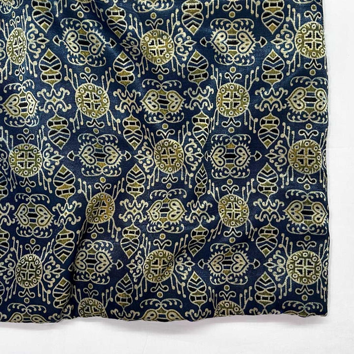 Traditional Navy Blue Ajrakh Print on Mashru Silk at Fabrics@StudioLCX