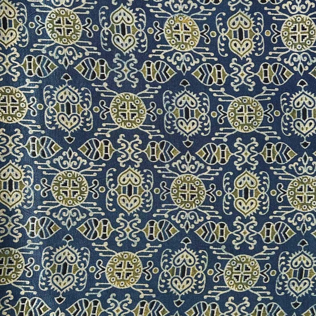 Traditional Navy Blue Ajrakh Print on Mashru Silk at Fabrics@StudioLCX