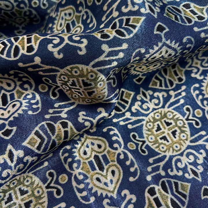 Traditional Navy Blue Ajrakh Print on Mashru Silk at Fabrics@StudioLCX