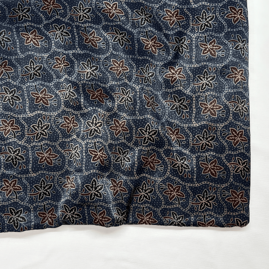 Artisan ocean blue Mashru silk fabric with traditional Ajrakh floral prints, perfect for exclusive fashion pieces at Fabrics @StudioLCX.