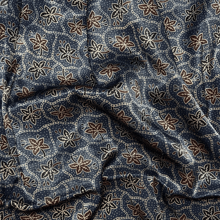 Artisan ocean blue Mashru silk fabric with traditional Ajrakh floral prints, perfect for exclusive fashion pieces at Fabrics @StudioLCX.