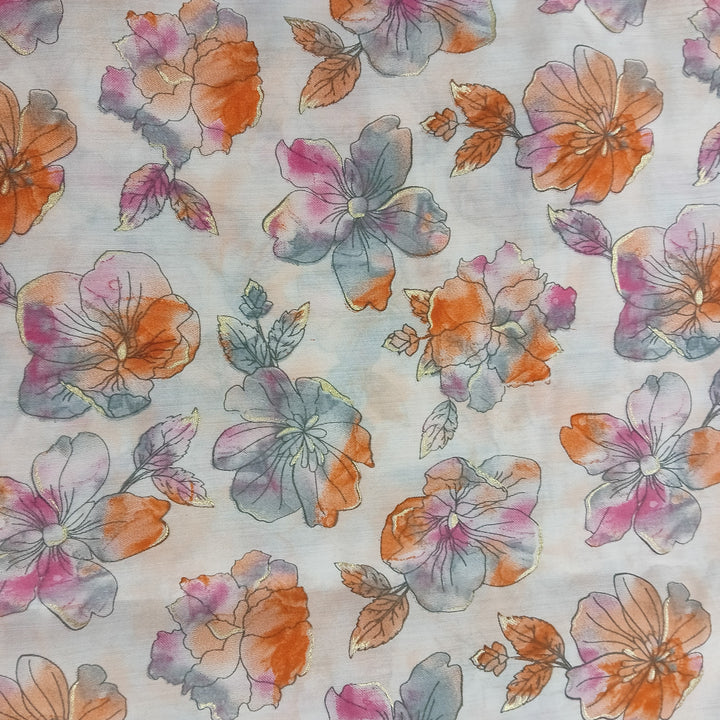 Orange With Pink Floral Printed Muslin Print Fabric