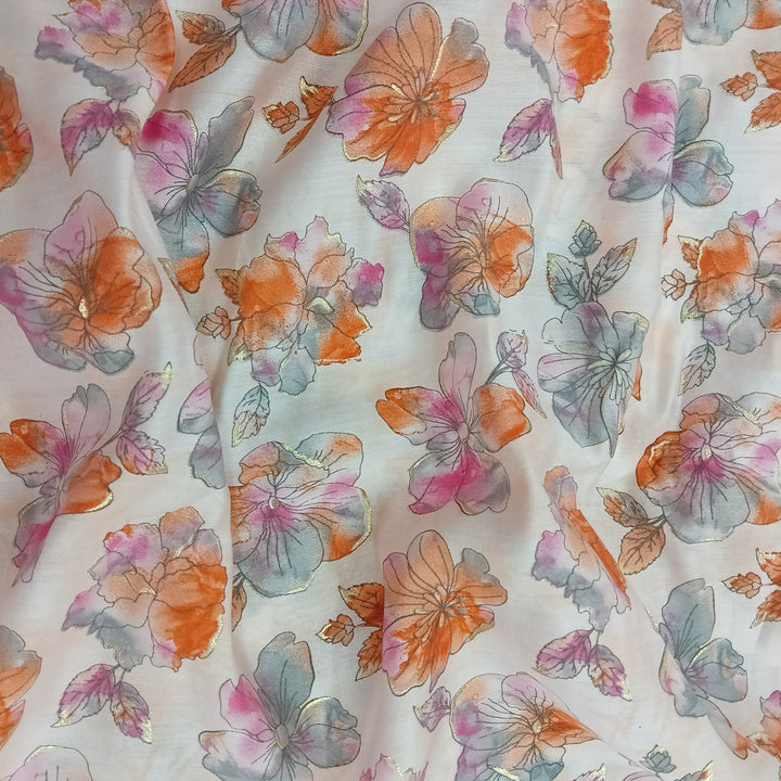 Orange With Pink Floral Printed Muslin Print Fabric