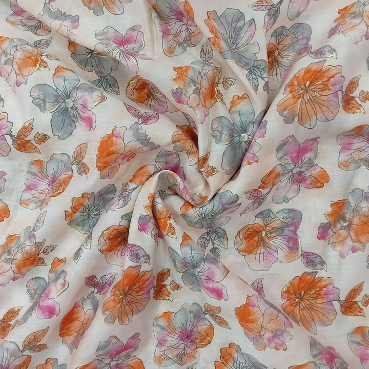 Orange With Pink Floral Printed Muslin Print Fabric