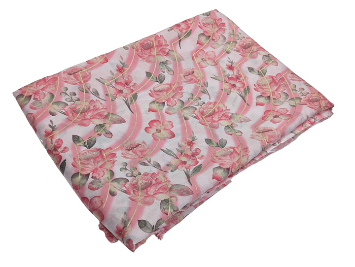 Pink With White Florals Printed Muslin Fabric