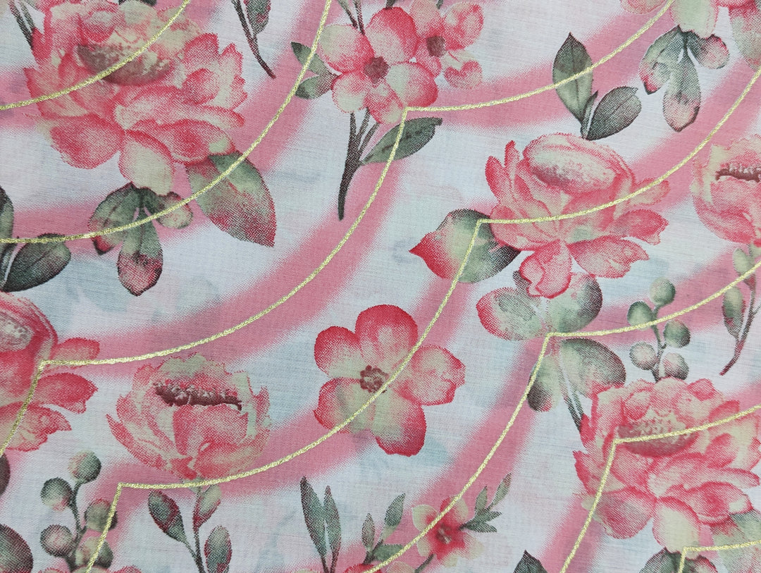 Pink With White Florals Printed Muslin Fabric