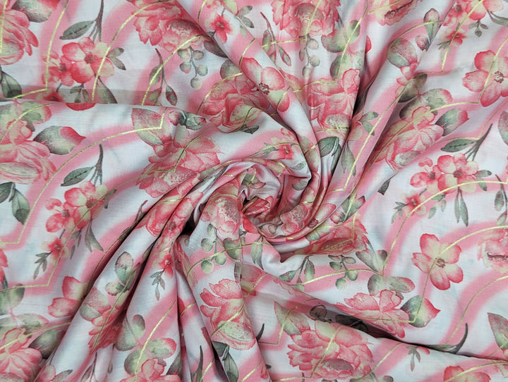 Pink With White Florals Printed Muslin Fabric