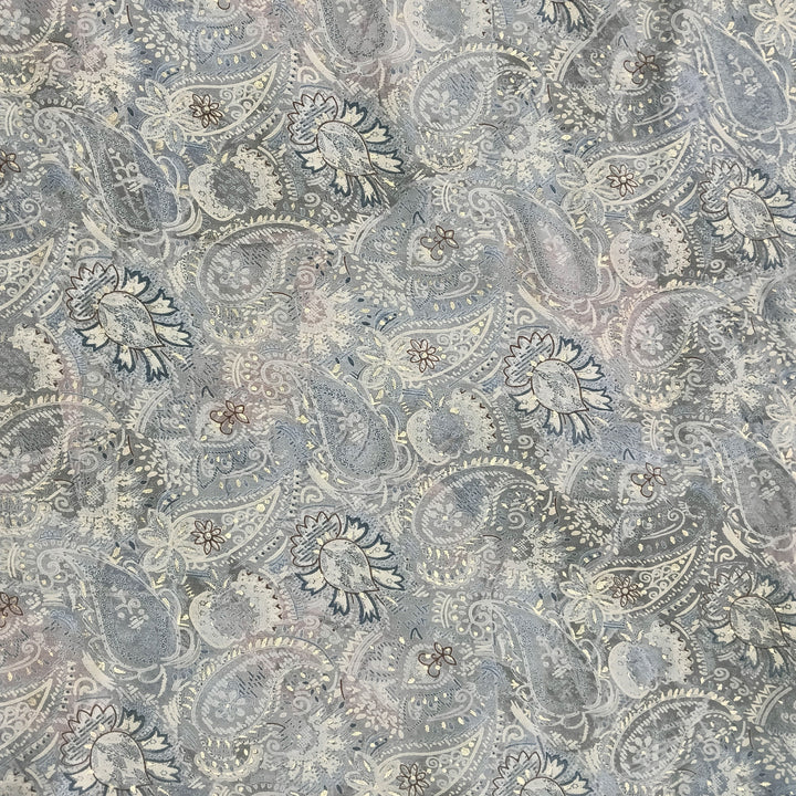 Grey Paisleys Printed Muslin Print Fabric