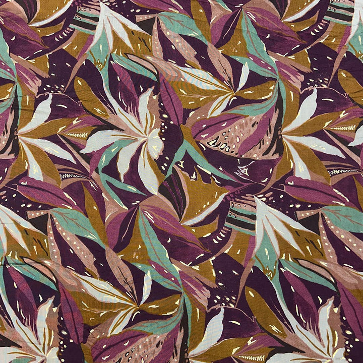 Wine With Multi Shades Florals Printed Chanderi Foil Print Fabric