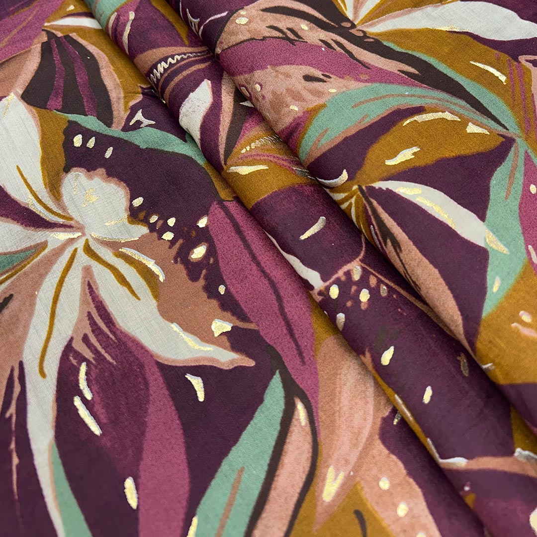 Wine With Multi Shades Florals Printed Chanderi Foil Print Fabric