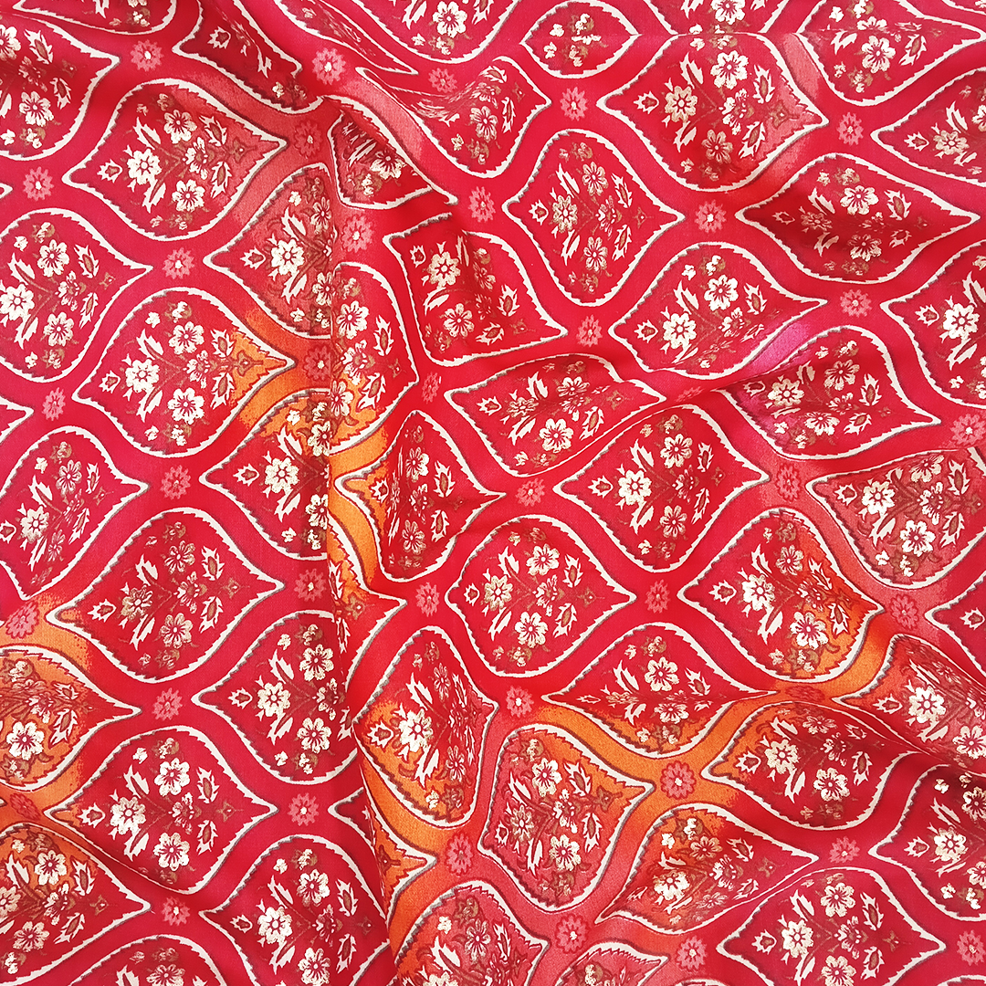 Orange With Red Floral Muslin Print Fabric