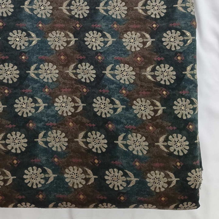 Blue, Brown With Cream Floral Muslin Print Fabric