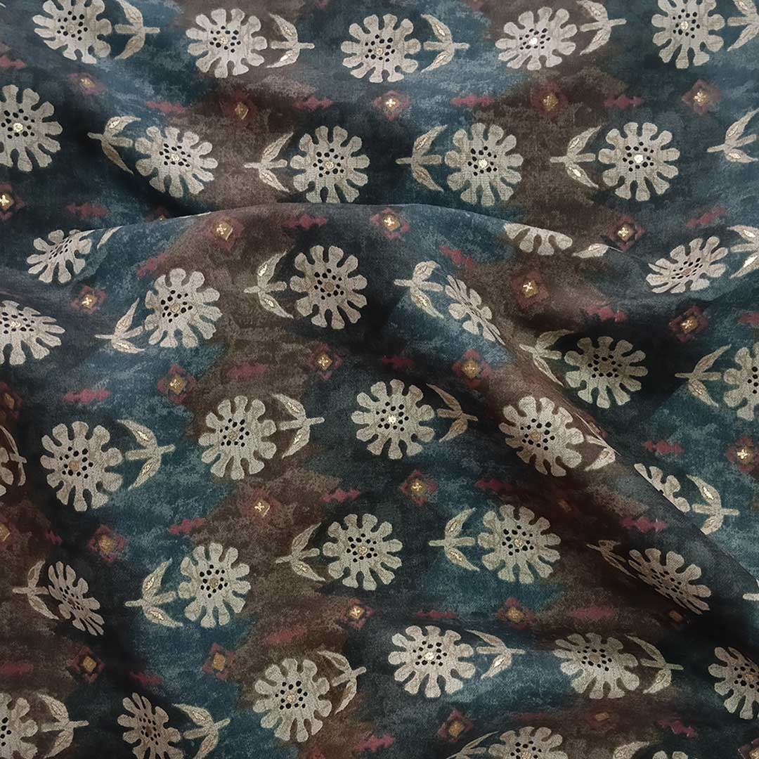 Blue, Brown With Cream Floral Muslin Print Fabric