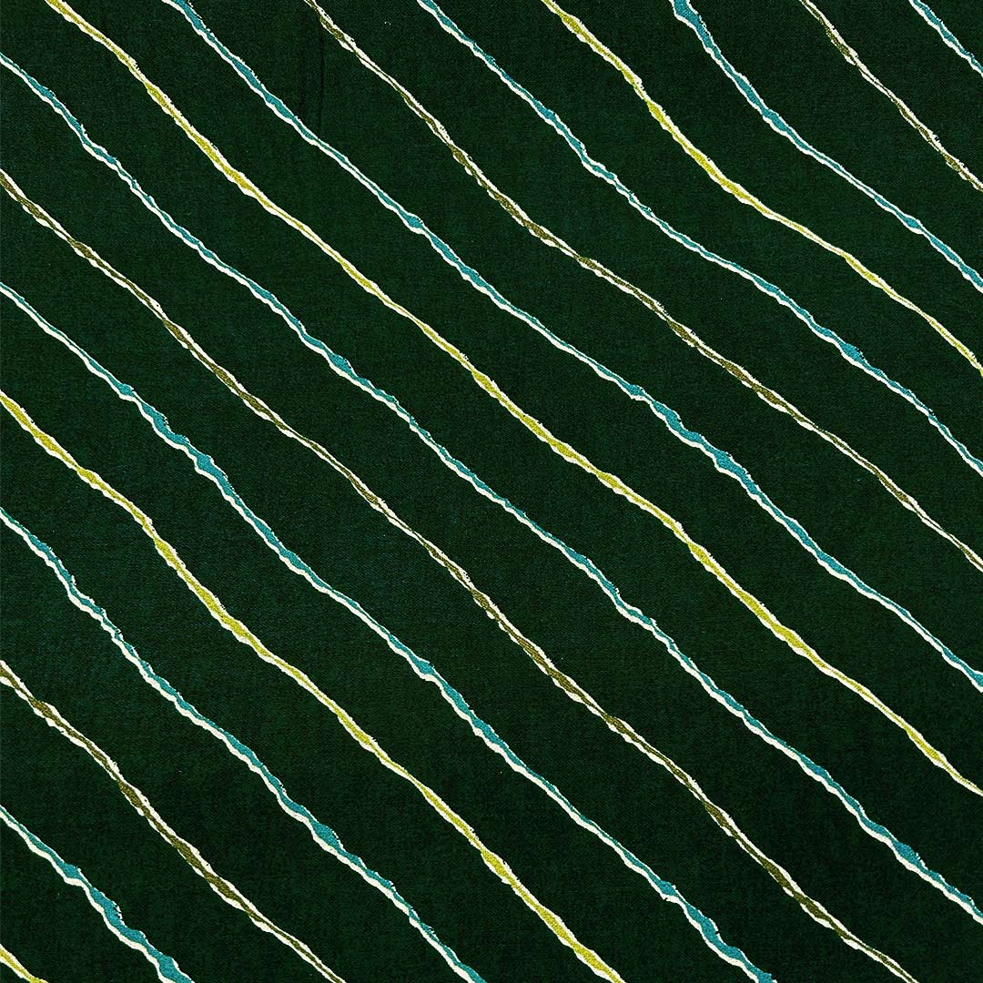 Luminous dark peacock green muslin fabric with leheriya wave patterns and gold accents