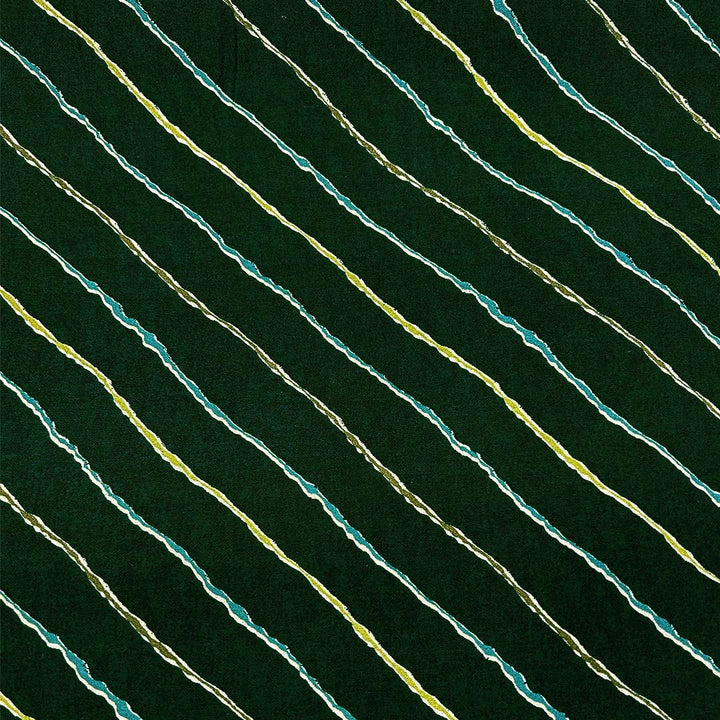 Luminous dark peacock green muslin fabric with leheriya wave patterns and gold accents