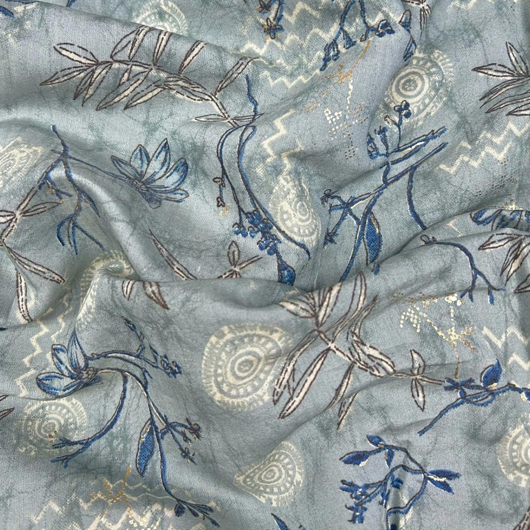 Grey Florals Printed Modal Chanderi Foil Print Fabric