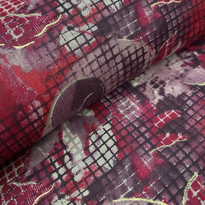 Red With Multi Shades Floral Printed Chanderi Foil Print Fabric