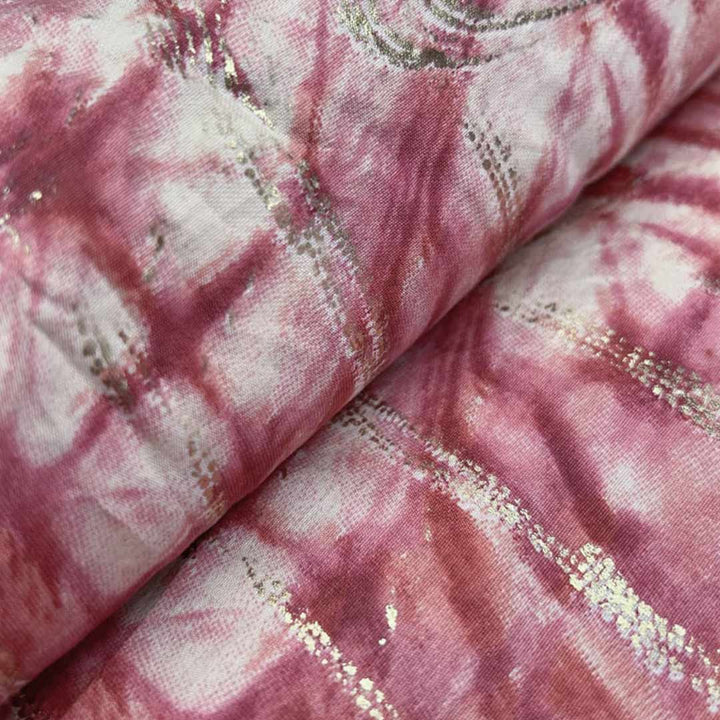 Pink With White Abstract Printed Chanderi Foil Print Fabric