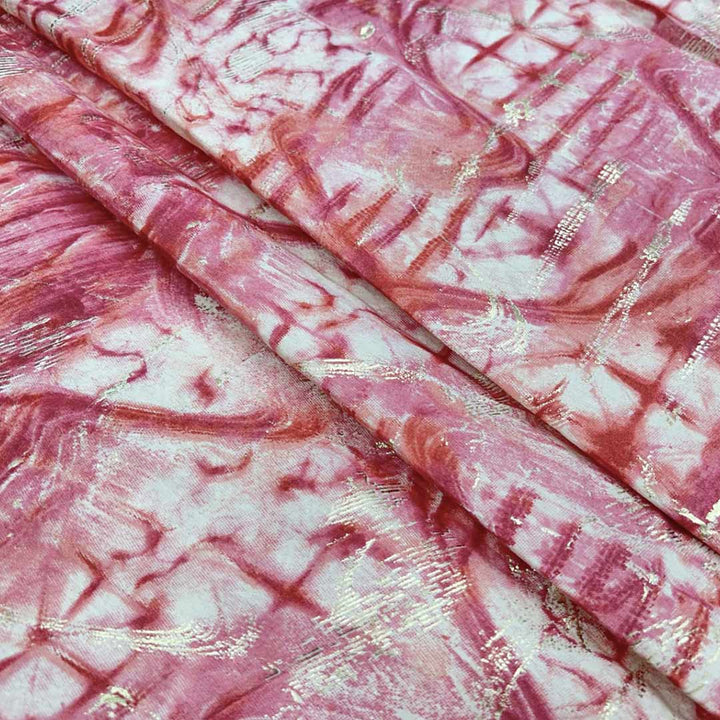 Pink With White Abstract Printed Chanderi Foil Print Fabric