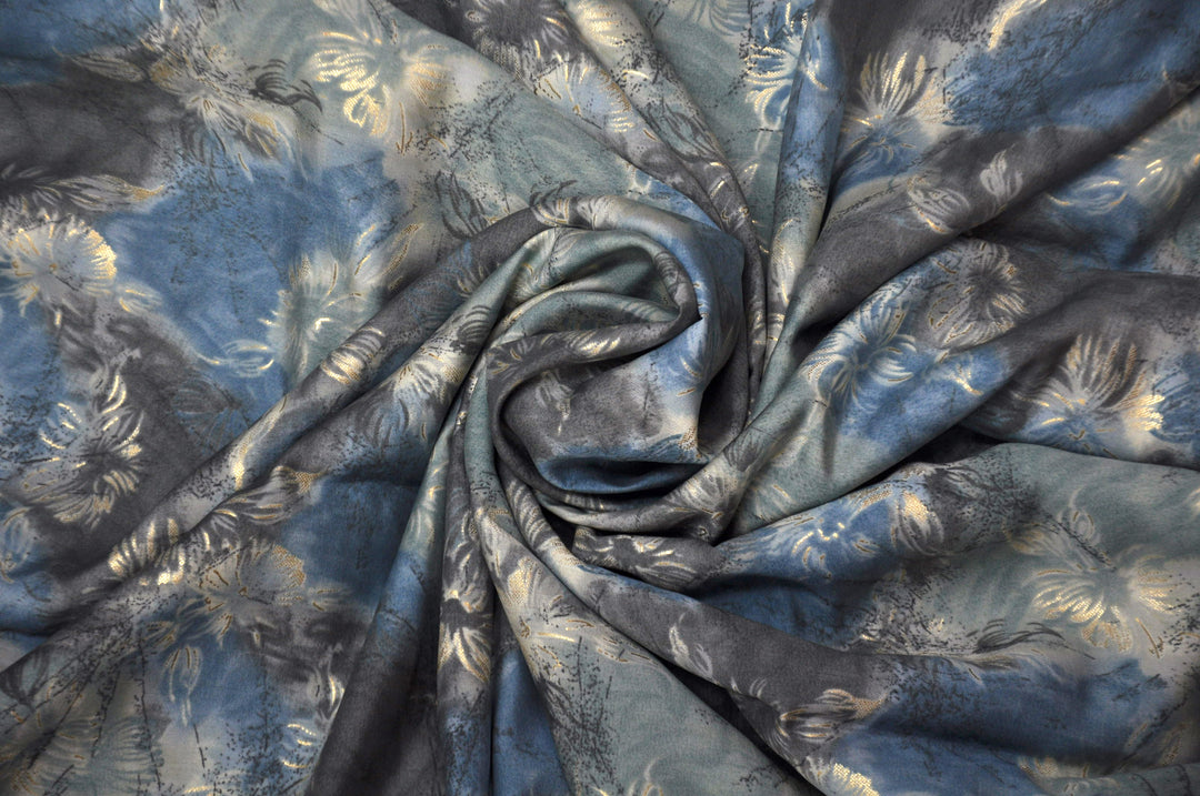 Artistic blue and grey abstract print on soft muslin fabric