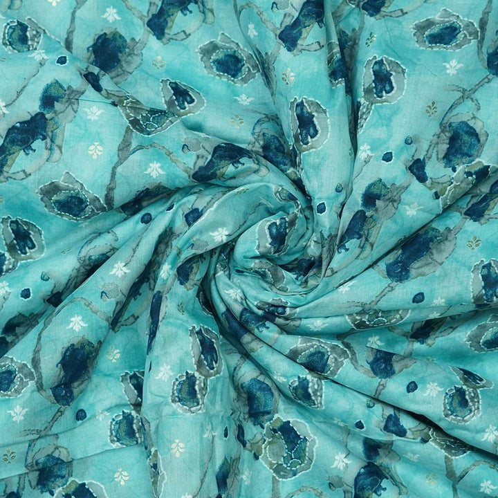 Sky Blue Floral Printed Muslin Print Fabric