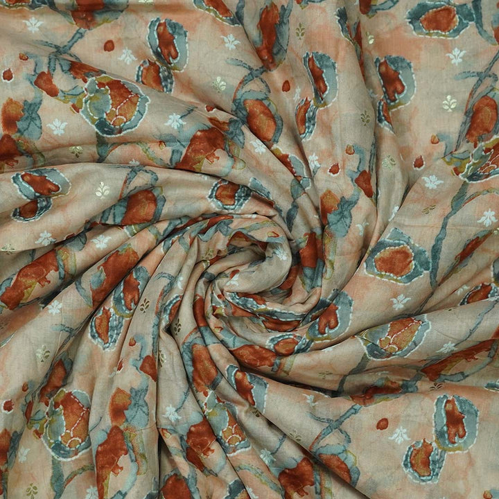 Peach Floral Printed Muslin Print Fabric