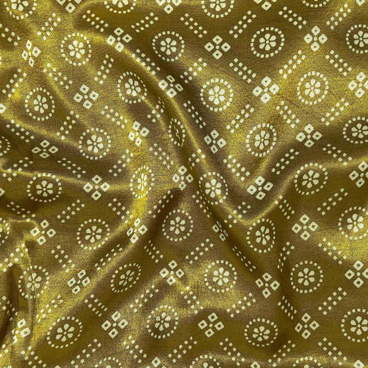  Glimmering golden Mashru silk fabric with geometric floral patterns