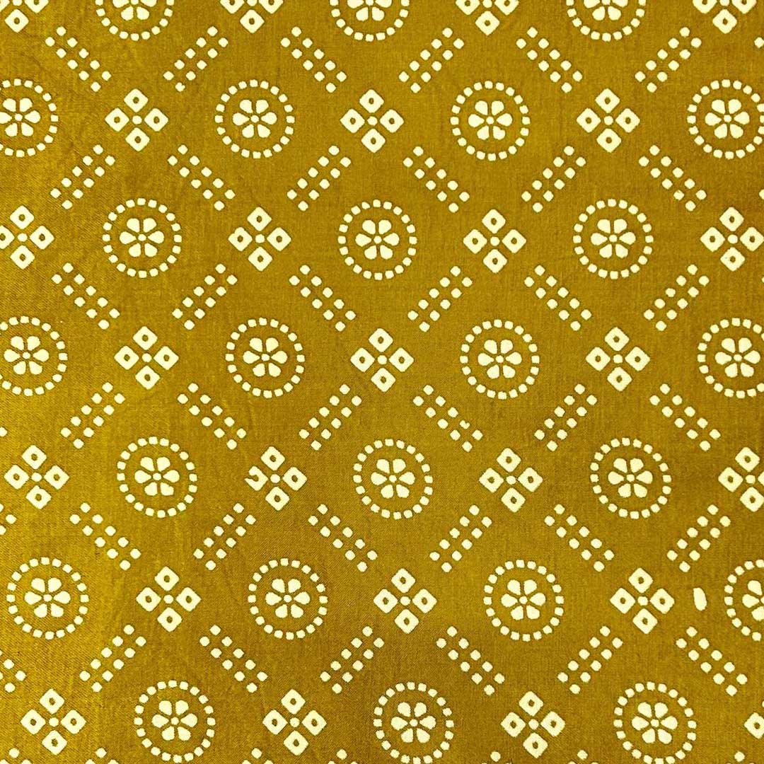  Glimmering golden Mashru silk fabric with geometric floral patterns