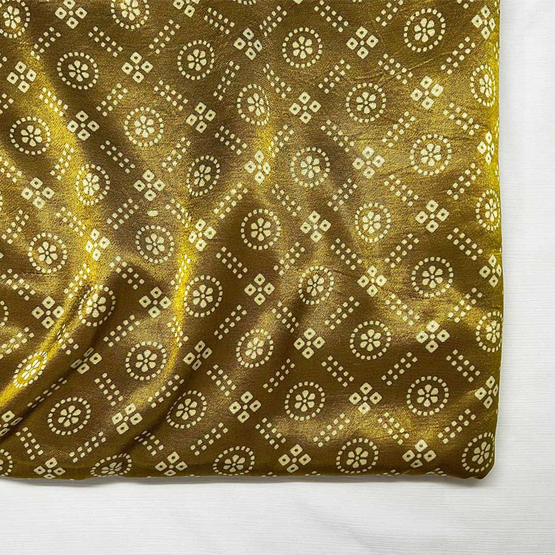  Glimmering golden Mashru silk fabric with geometric floral patterns