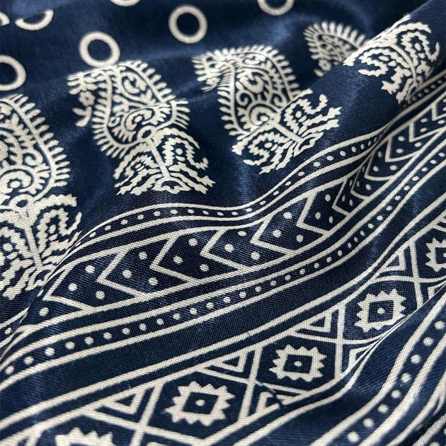 Geometric star patterned navy blue Patola silk fabric, perfect for exclusive designs at Fabrics @StudioLCX.