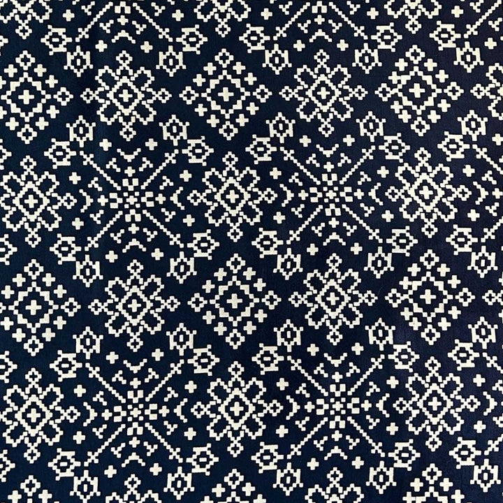 Elegant navy blue Patola printed Mashru silk fabric with intricate designs for luxurious sewing projects at StudioLCX.