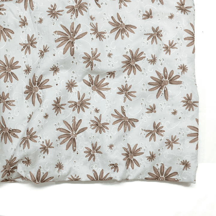 White With Brown Floral Printed PC Digital Schiffli Cotton Fabric