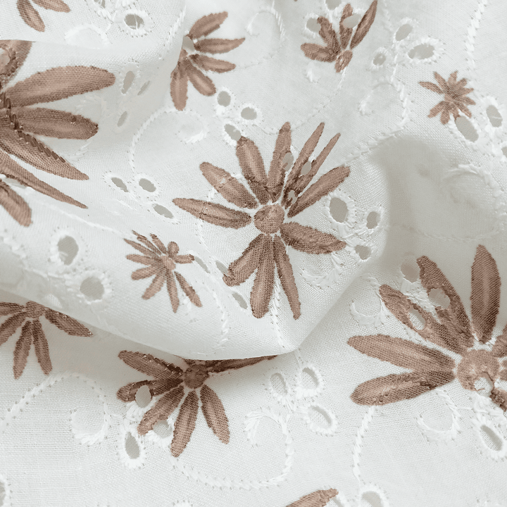 White With Brown Floral Printed PC Digital Schiffli Cotton Fabric