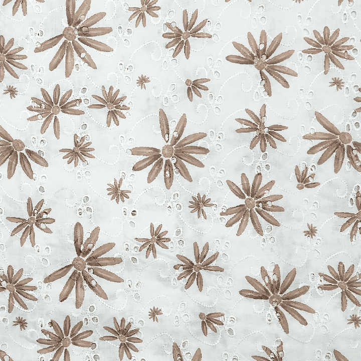 White With Brown Floral Printed PC Digital Schiffli Cotton Fabric