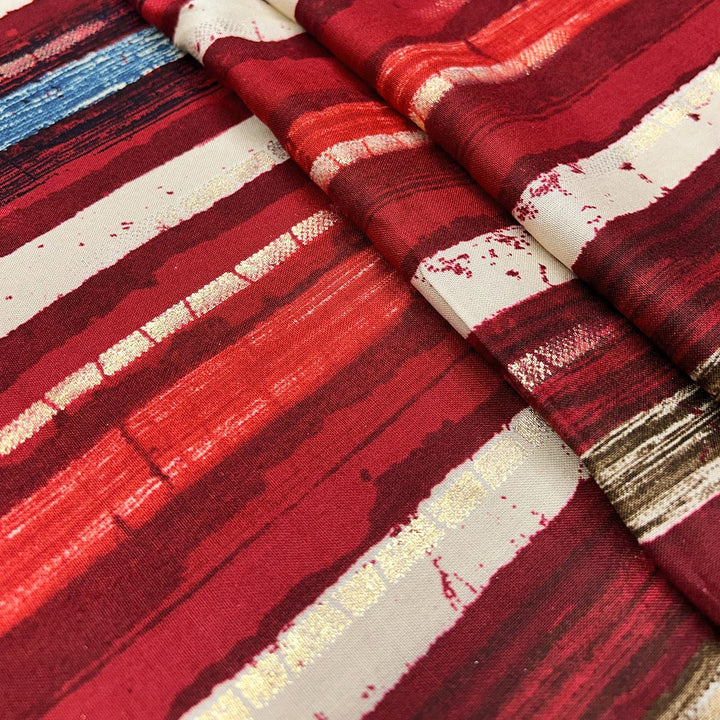 Red With Multi Shades Stripes Rayon Foil Print Fabric