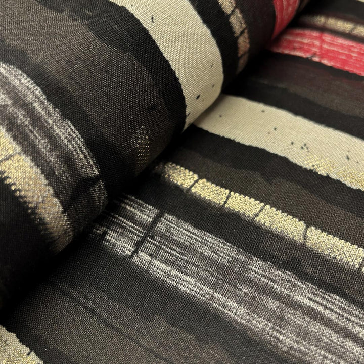 Brown, Black With Multi Shades Stripes Rayon Foil Print Fabric